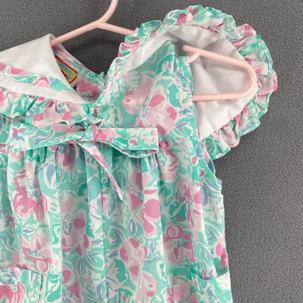 Vintage 80s 90s Lightning Bug Romper Playsuit‎ Kids 2T Floral Ruffle Bow Collar